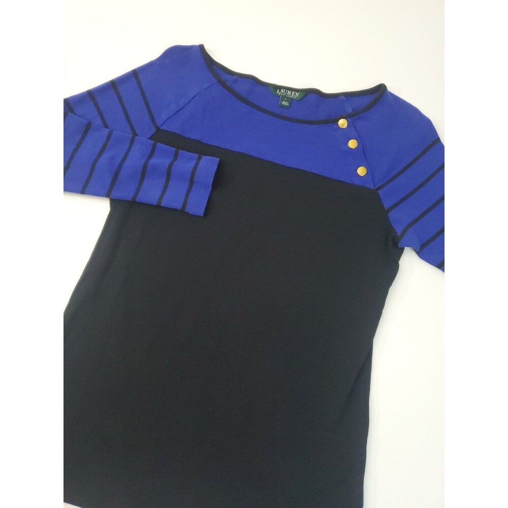 Lauren Ralph Lauren Women's 3/4 Sleeve Blouse, Black/Blue, Large‎